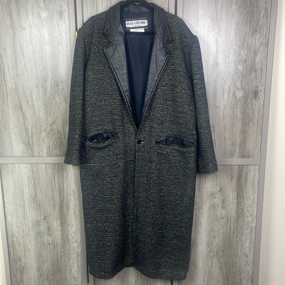 Vintage 80's Dual Control Tweed/Leather Maxi Trench Coat Women's M oversized